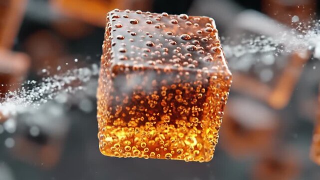 Futuristic sci-fi metal cube structure with glowing orange lights and complex details floating in dark space. Abstract 3D illustration of high-tech blockchain, data processing or quantum computer.