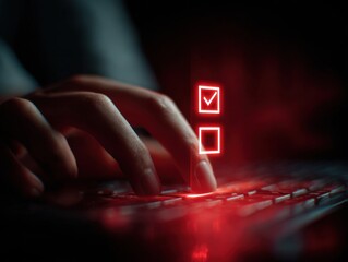 hand poised over keyboard with red glow and neon checkboxes in dimly lit scene with empty space for text on right concept of technology decision making digital interface