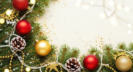 Christmas tree branches adorned with red and gold ornaments and pine cones on a white background with festive lights.