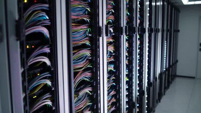 Close-up side view of modern data center server racks with colorful neatly organized network cables. High tech computer hardware background in dark server room. IT infrastructure concept