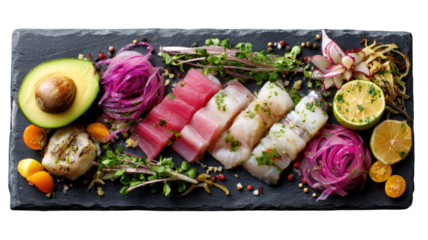 assorted raw fish sashimin platter with tuna scallop avocado citrus garnish served on slate on white background