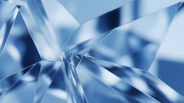 Abstract blue crystal geometry and refraction. Modern architectural glass and prism background. Sharp edges reflecting light in a clean corporate design concept