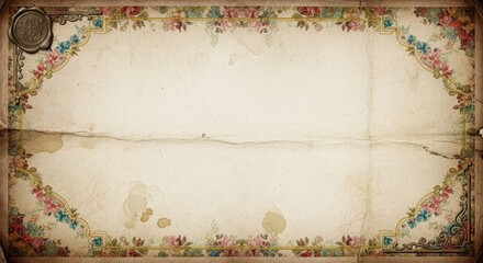 A vintage, ornate frame with floral patterns and a wax seal on an aged, parchment background.
