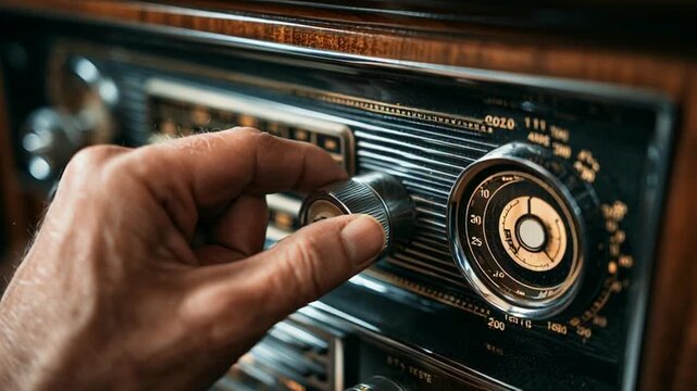Hand Adjusting Vintage Car Radio Dial for Music and News.