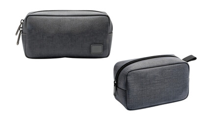 Two views of a rectangular, zippered toiletry bag in a dark gray woven fabric, featuring a small square accent