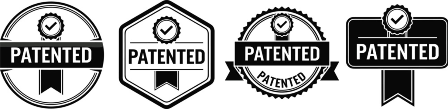 Set of Four Black Patented Stamp and Seal Icons with Checkmarks badge