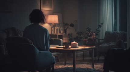 Fototapeta premium Lonely birthday moment at home: solitary woman with cake in a dim living room