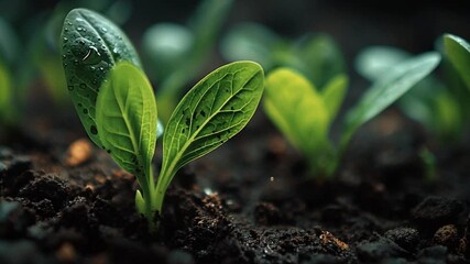 Close-up of vibrant green seedlings emerging from rich dark soil symbolizing new life and growth in nature.