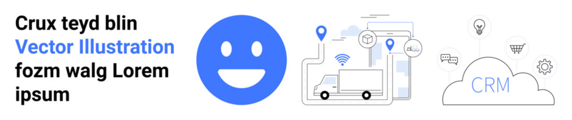 Fototapeta premium Logistics, customer management, CRM, technology connection, fleet tracking, user interface. happy face, trucks pins cloud and CRM icons. Logistics and customer management concept