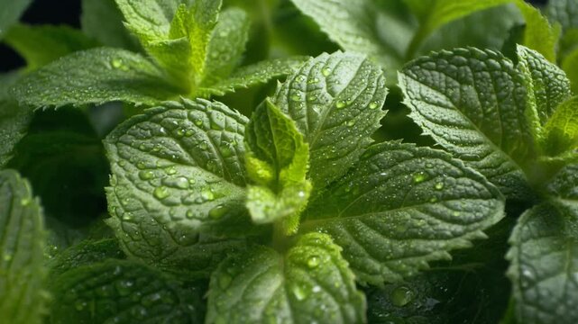 Fresh mint leaves with dew drops, close-up shot, showcasing vibrant green color and textured details