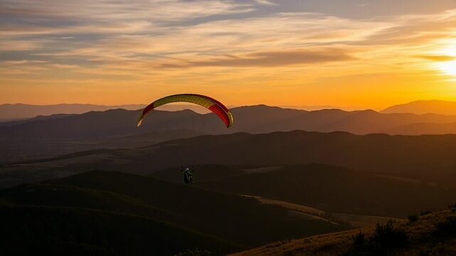 Paraglider Soaring Above Mountain Range at Sunset with Vibrant Sky.