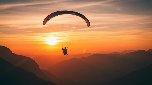 Paraglider Soaring Above Majestic Mountains at Golden Sunset.
