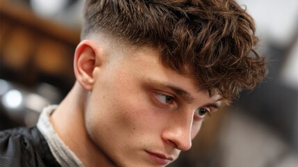 Obraz premium Young caucasian male with curly hair and fade haircut in stylish barber shop.