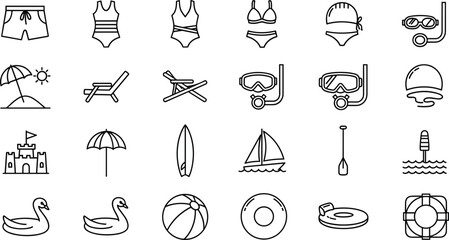 Summer Beach and Water Activity Icons Set with Swimwear and Accessories vacation holiday © MDBENJIR