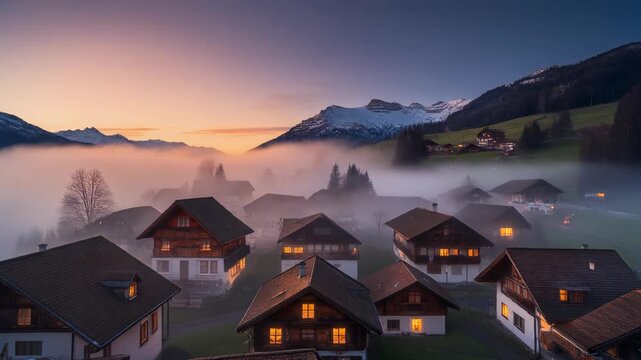 Alpine village nestled in morning mist with snow-capped mountains at sunrise warm glowing windows