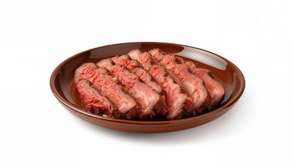 Sliced Rare Beef on Brown Plate, Studio Lighting, Culinary Delight