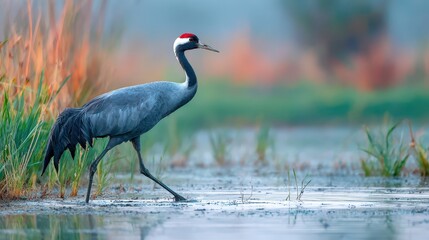Obraz premium Graceful marsh crane standing by calm water in a reed-filled wetland at sunrise