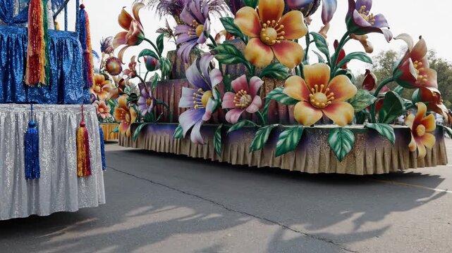idle parade floats display. Decorated parade floats standing idle in an empty area, highlighting craftsmanship and color without human presence.
