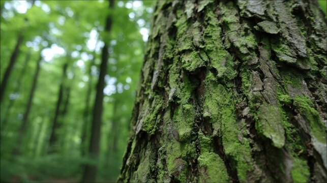 Close-up of ancient oak tree bark covered in vibrant green moss in a lush forest