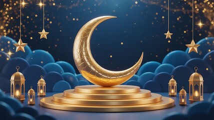 Golden crescent moon on cloudy night sky