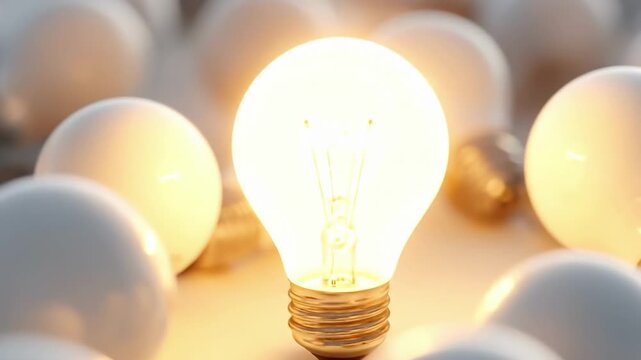 One glowing light bulb standing out from many unlit bulbs on a gray background. Concept of leadership, innovation, creativity and unique bright idea in business or education