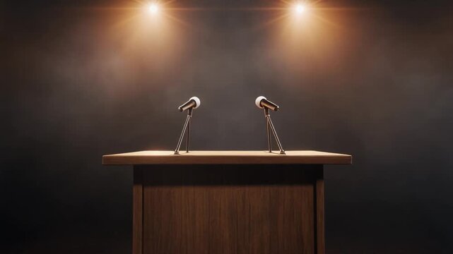 Debate Podium with Two Microphones Under Spotlight in a Darkened Auditorium from a Front Viewpoint