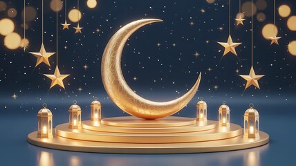 Golden moon on pedestal with stars