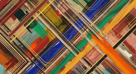 Abstract geometric painting with vibrant colors and dynamic lines.