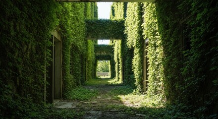 Long corridor of a building, covered in lush green vines