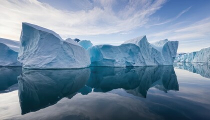 Massive icebergs float serenely in calm reflective arctic waters under a partly cloudy blue sky showing glacial forms