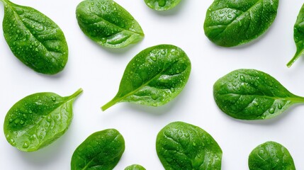 Obraz premium Crisp green spinach on a white backdrop with bright studio lighting