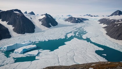 Aerial view of a massive glacier flowing between dark snow dusted mountains into a turquoise fjord filled with icebergs