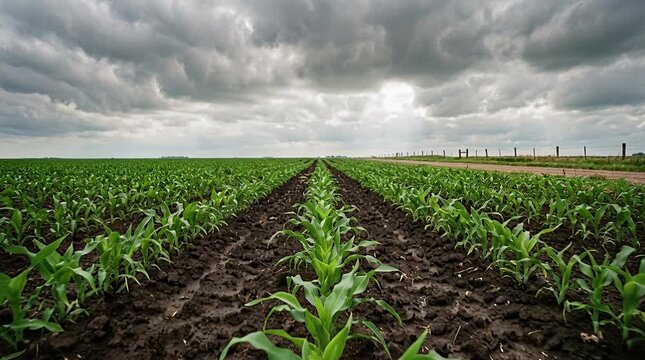 Vast green cornfield rows stretching toward a dramatic cloudy sky, farm agriculture landscape, young corn.