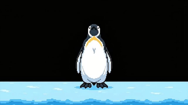 Pixel art penguin standing on ice in an 8-bit retro video game style animation