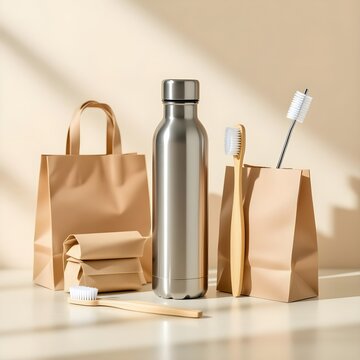 Eco-Friendly Flat Lay with Reusable Bottle, Paper Bags, Bamboo Toothbrush, and Metal Straw on Wooden Background