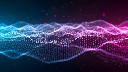 Fototapeta premium Big data landscape and abstract digital particle waves. Cloud computing and network architecture. Vast horizon of glowing dots and wireframe mesh in blue and purple colors