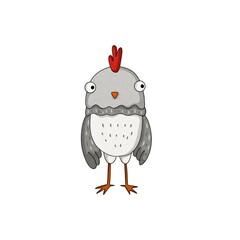 Adorable gray chicken illustration with white belly, simple shapes and playful expression. Hand-drawn watercolor cartoon farm animal isolated on white background.