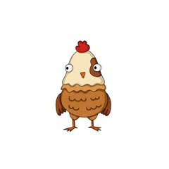 Cute cartoon hen with cream-colored head and brown feathers, funny wide eyes, hand-painted watercolor style. Isolated farm bird character on white background.