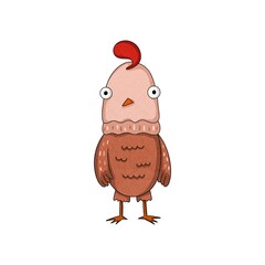 Hand-drawn cartoon chicken character with pink head and brown body, cute naive style, isolated on white background. Whimsical farm animal illustration with textured watercolor look.