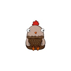 Funny sitting chicken cartoon with brown and beige colors, naive hand-drawn watercolor style. Cute farm bird illustration isolated on white background.