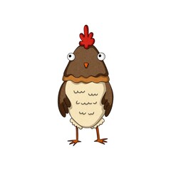 Stylized brown hen with light beige belly, cute folk-art design, textured watercolor illustration. Funny cartoon chicken isolated on white background.