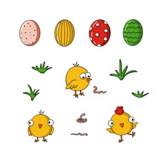 Cute hand-drawn cartoon chicken and chick set with decorative eggs, grass and worms. Naive watercolor farm illustration elements isolated on white background.
