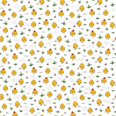 Seamless pattern with cute yellow cartoon chicks, grass and worms. Hand-drawn watercolor farm illustration on white background, playful children style.