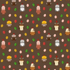 Seamless pattern with cute cartoon chickens and colorful eggs on brown background. Hand-drawn watercolor farm animal illustration, playful folk art style.