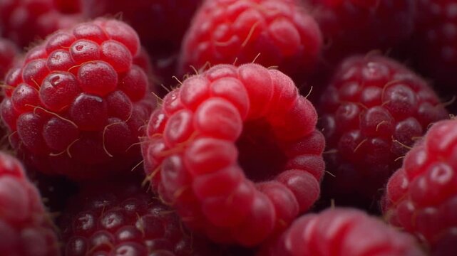 Close-up view of fresh raspberries filling the frame with vibrant red color and detailed texture