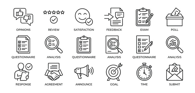 Survey line editable icon set featuring customer feedback forms, research questionnaires, rating scales, and data collection process vector illustrations.