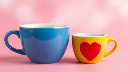 Two coffee cups with heart design on pink background