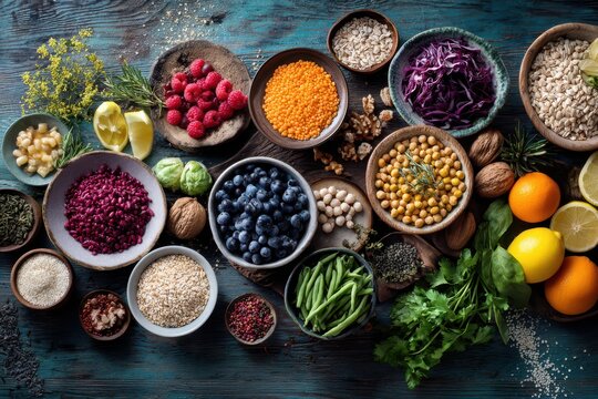 Colorful wellness foods: fresh produce, herbs, spices and grains highlighting antioxidants and micronutrients