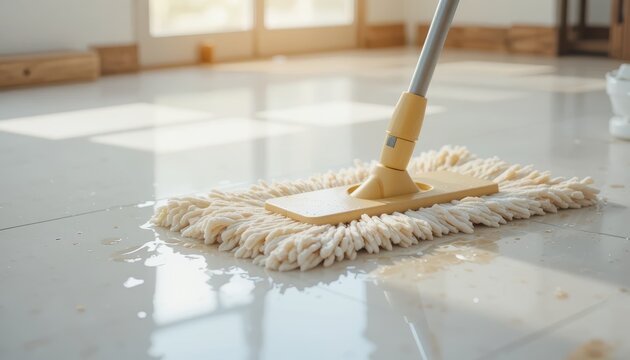 A wet string mop with a yellow head cleaning a light colored tiled floor in a sunlit room