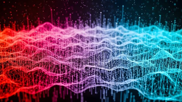 Big data visualization and colorful wave topography. Statistical analysis and cloud computing. Vibrant mesh grid with vertical light particles and glowing landscape